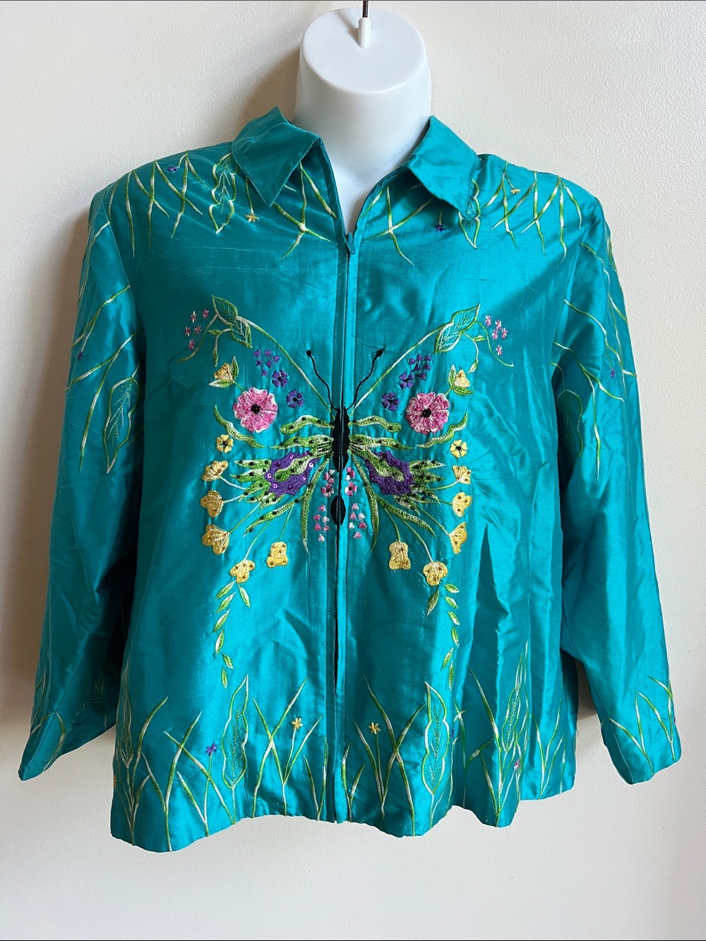 Blutique Silk Butterfly embroidered Zip-Front Women's Jacket Top